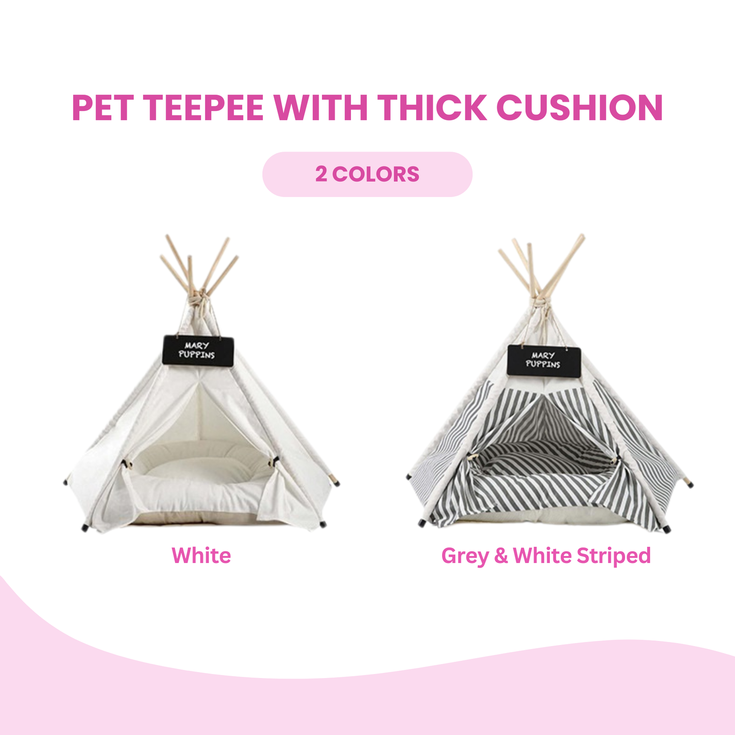 Pet Teepee Dog Bed, Grey and White Striped - Glow Pups