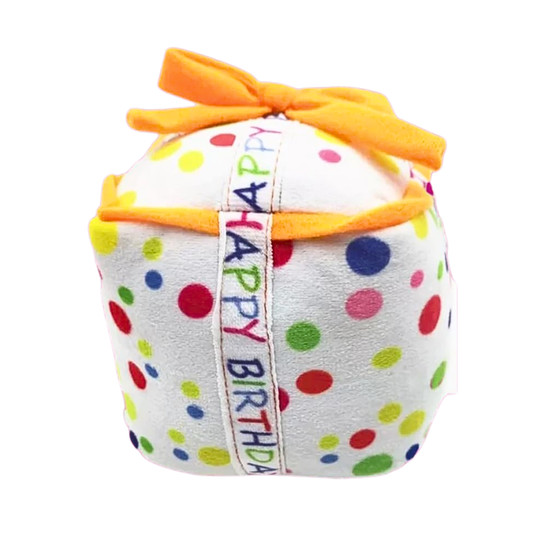 Squeaky Birthday Present Plush Dog Toy wrapped in colorful bow with squeaker for dogs