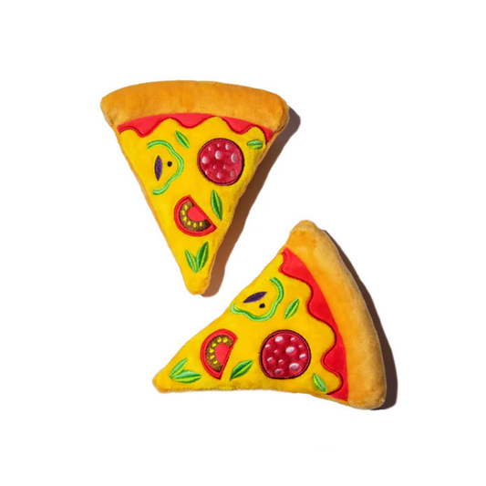 Two-pack pizza squeaky dog toys from Glow Pups for small and medium dogs