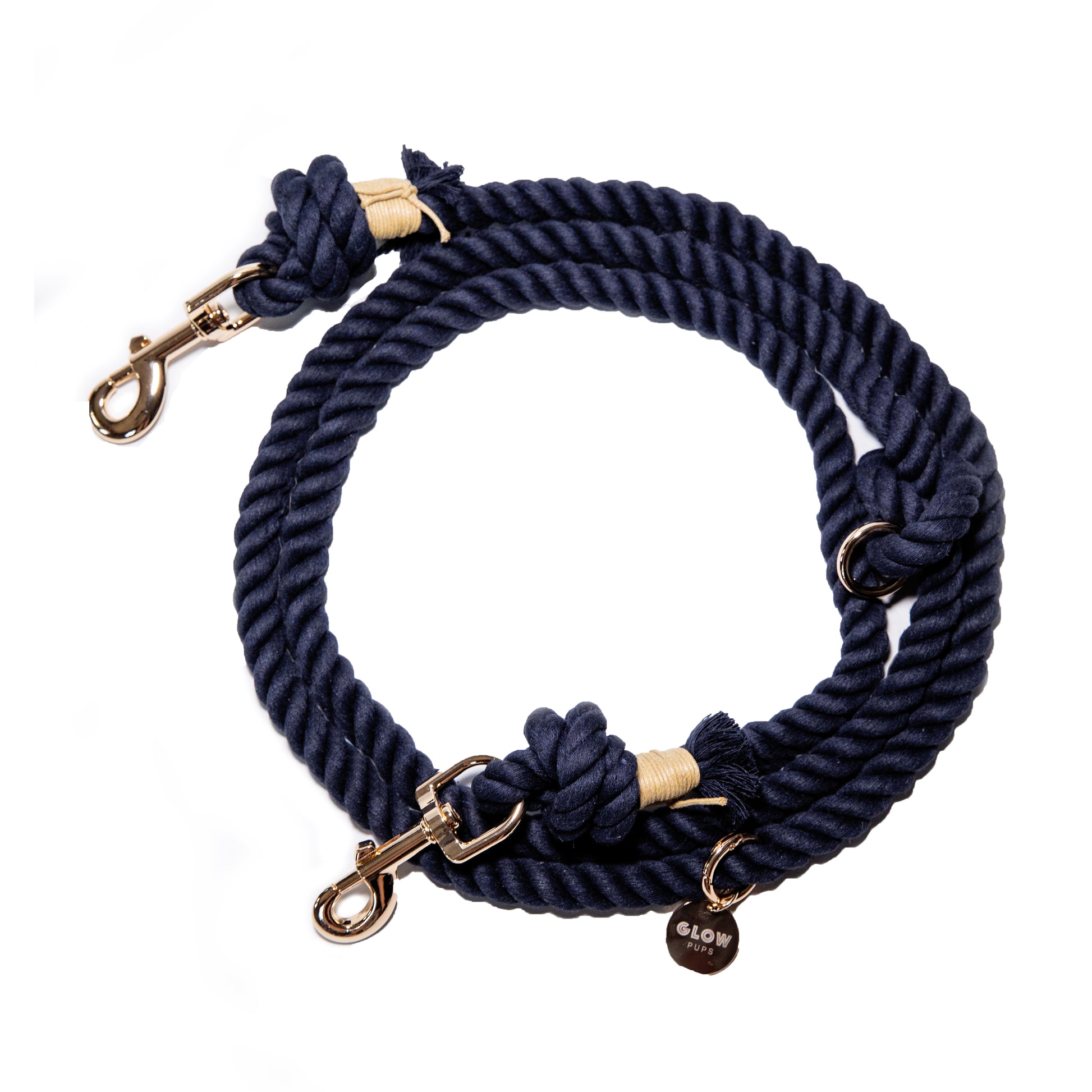 Navy Blue Hands Free Rope Leash Glow Pups For Dogs Handmade by Glow Pups