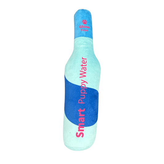Squeaky water bottle plush dog toy in blue and mint colors with built-in squeaker for interactive play
