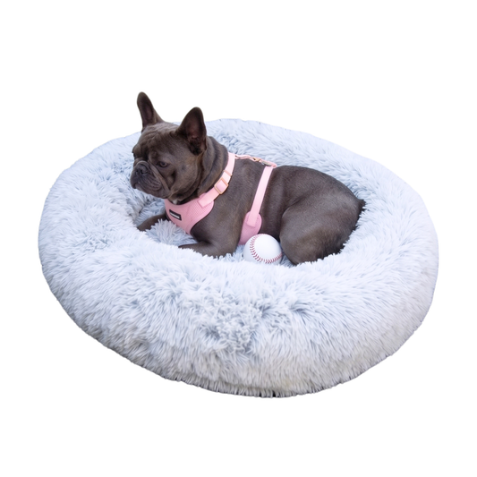 Luxurious Faux Fur Dog Bed With Memory Foam Bolster, Cozy Oval Design, Removable Cover and Machine Washable , Non-Slip Base, Light Grey by Glow Pups