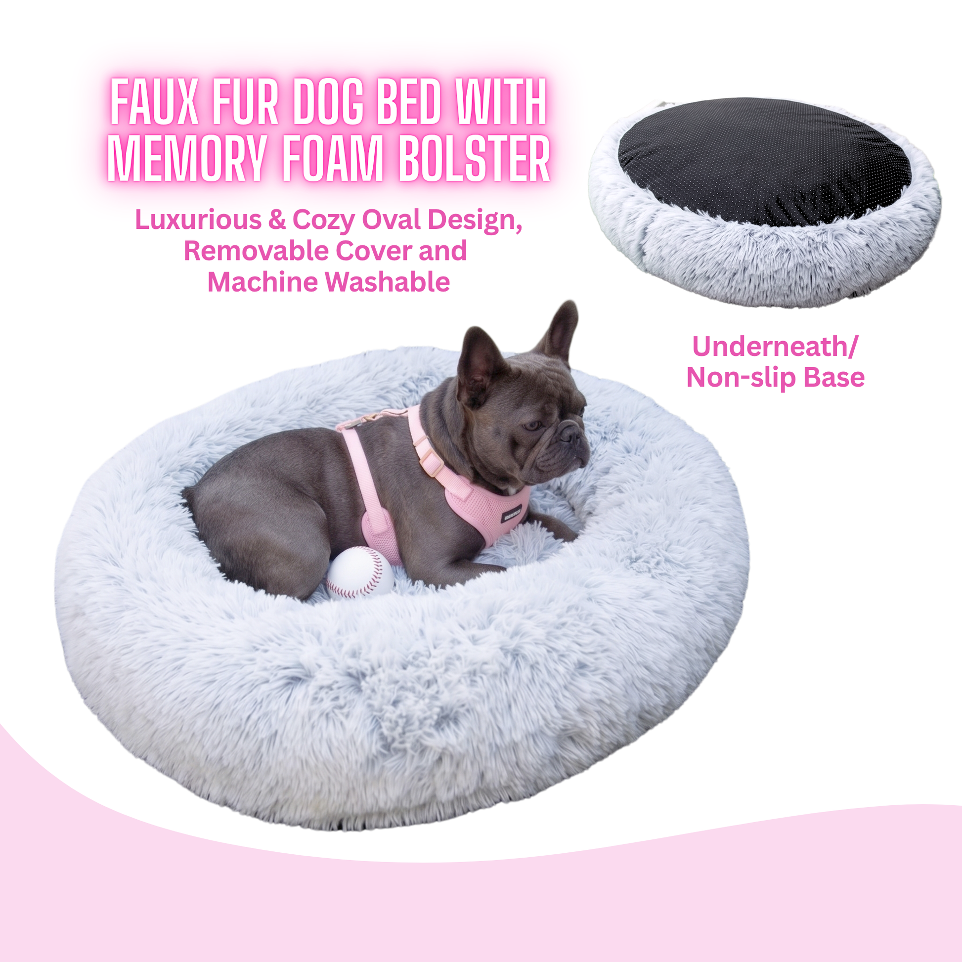 Luxurious Faux Fur Dog Bed With Memory Foam Bolster, Cozy Oval Design, Removable Cover and Machine Washable , Non-Slip Base, Light Grey by Glow Pups