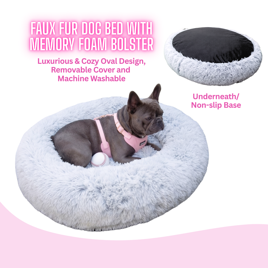 Luxurious Faux Fur Dog Bed With Memory Foam Bolster, Cozy Oval Design, Removable Cover and Machine Washable , Non-Slip Base, Light Grey by Glow Pups