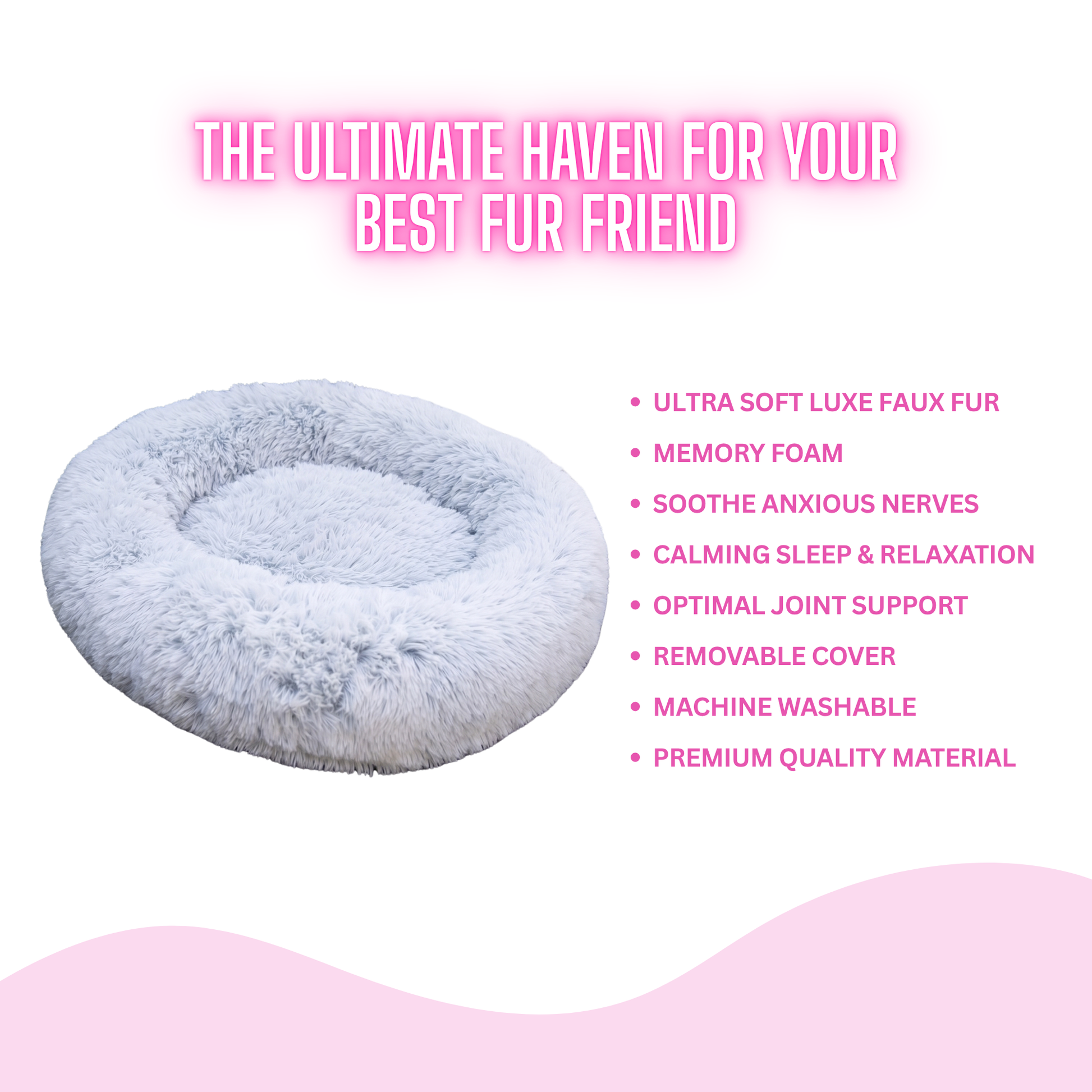 Luxurious Faux Fur Dog Bed With Memory Foam Bolster, Cozy Oval Design, Removable Cover and Machine Washable , Non-Slip Base, Light Grey by Glow Pups