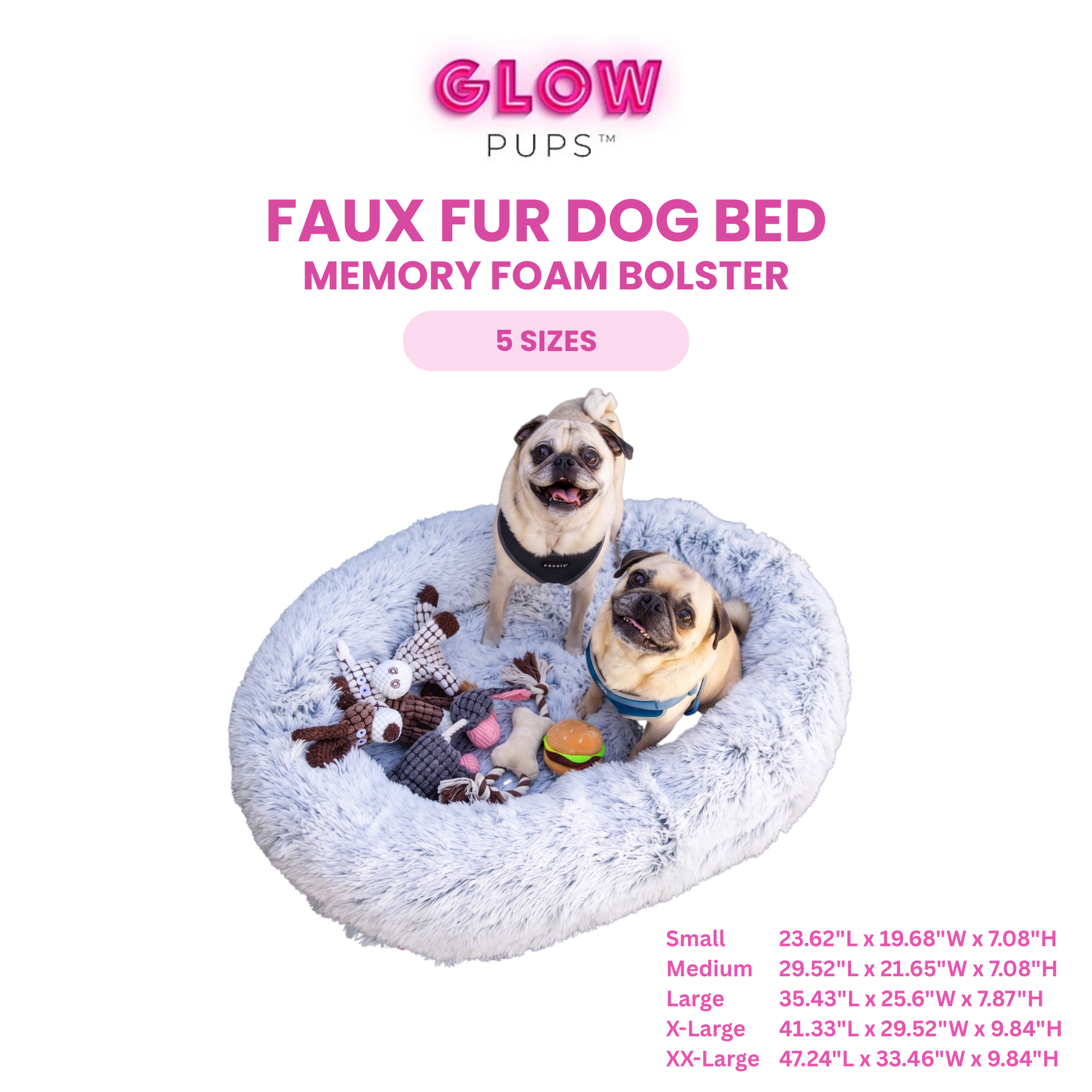 Luxurious Faux Fur Dog Bed With Memory Foam Bolster, Cozy Oval Design, Removable Cover and Machine Washable , Non-Slip Base, Light Grey by Glow Pups