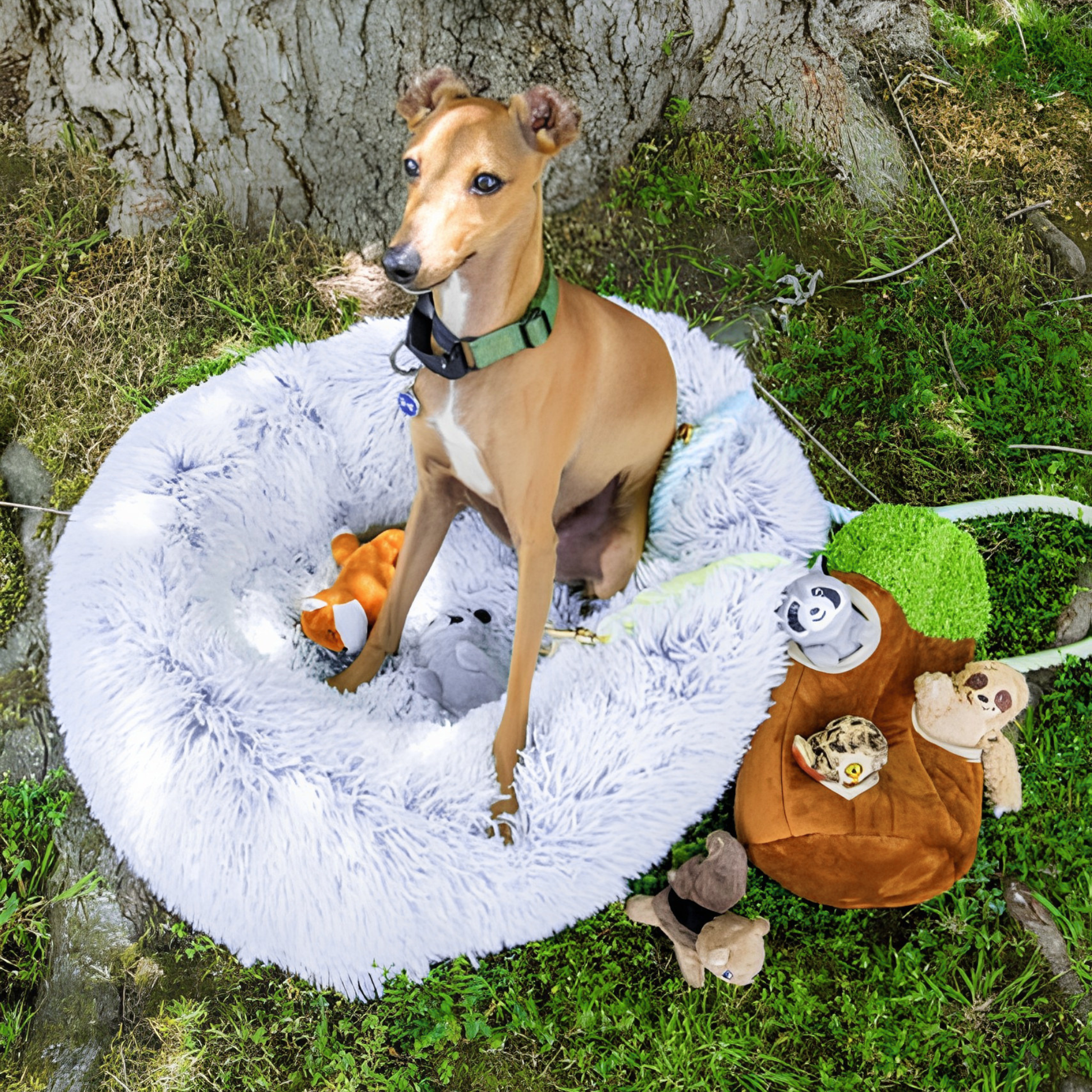 Luxurious Faux Fur Dog Bed With Memory Foam Bolster, Cozy Oval Design, Removable Cover and Machine Washable , Non-Slip Base, Light Grey by Glow Pups
