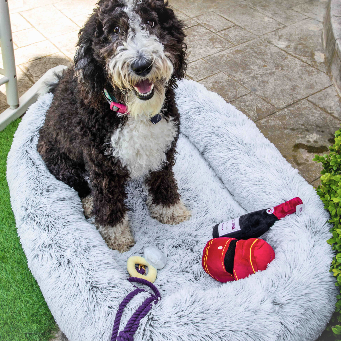 Luxurious Faux Fur Dog Bed With Memory Foam Bolster, Cozy Oval Design, Removable Cover and Machine Washable , Non-Slip Base, Light Grey by Glow Pups