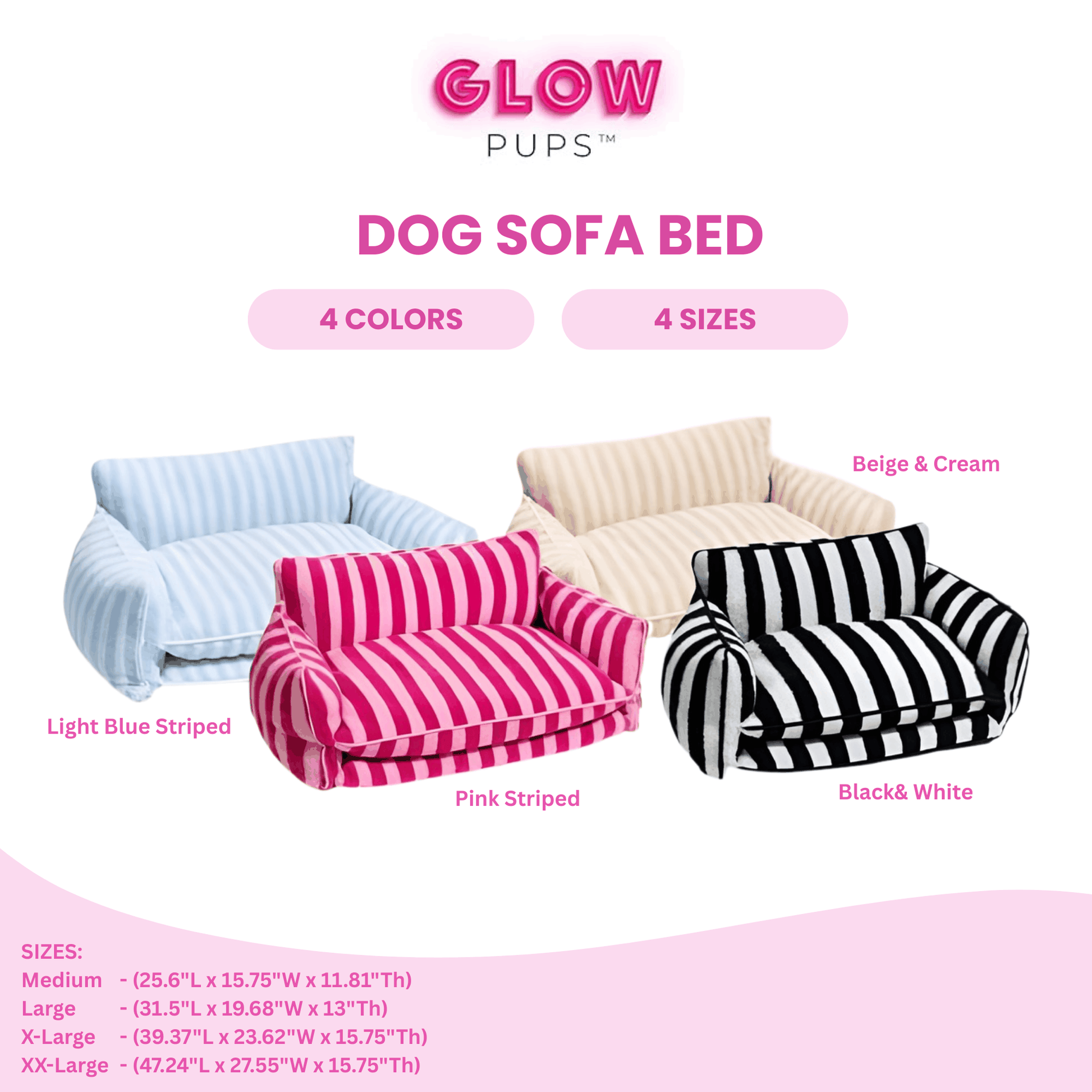 Glow Pups Pretty Pink Striped Sofa Dog Bed For Stylish Comfort And Cozy Rest For Pets by Glow Pups