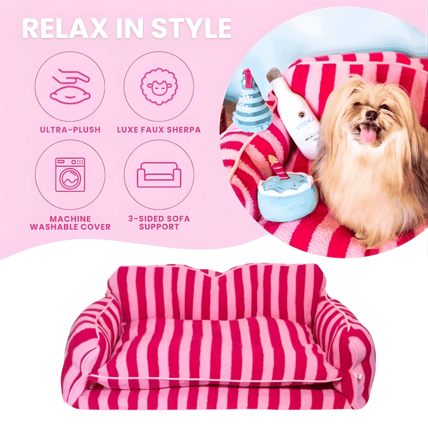 Glow Pups Pretty Pink Striped Sofa Dog Bed For Stylish Comfort And Cozy Rest For Pets by Glow Pups