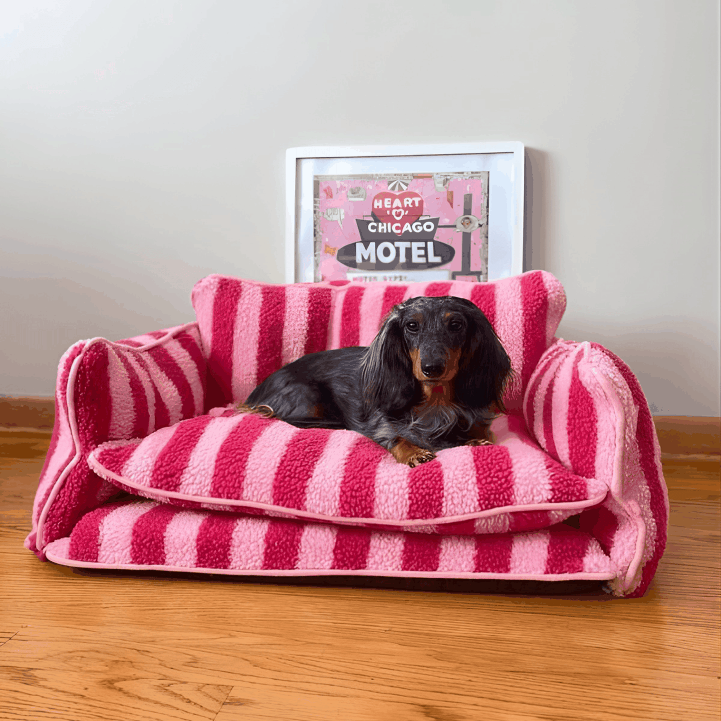 Glow Pups Pretty Pink Striped Sofa Dog Bed For Stylish Comfort And Cozy Rest For Pets by Glow Pups
