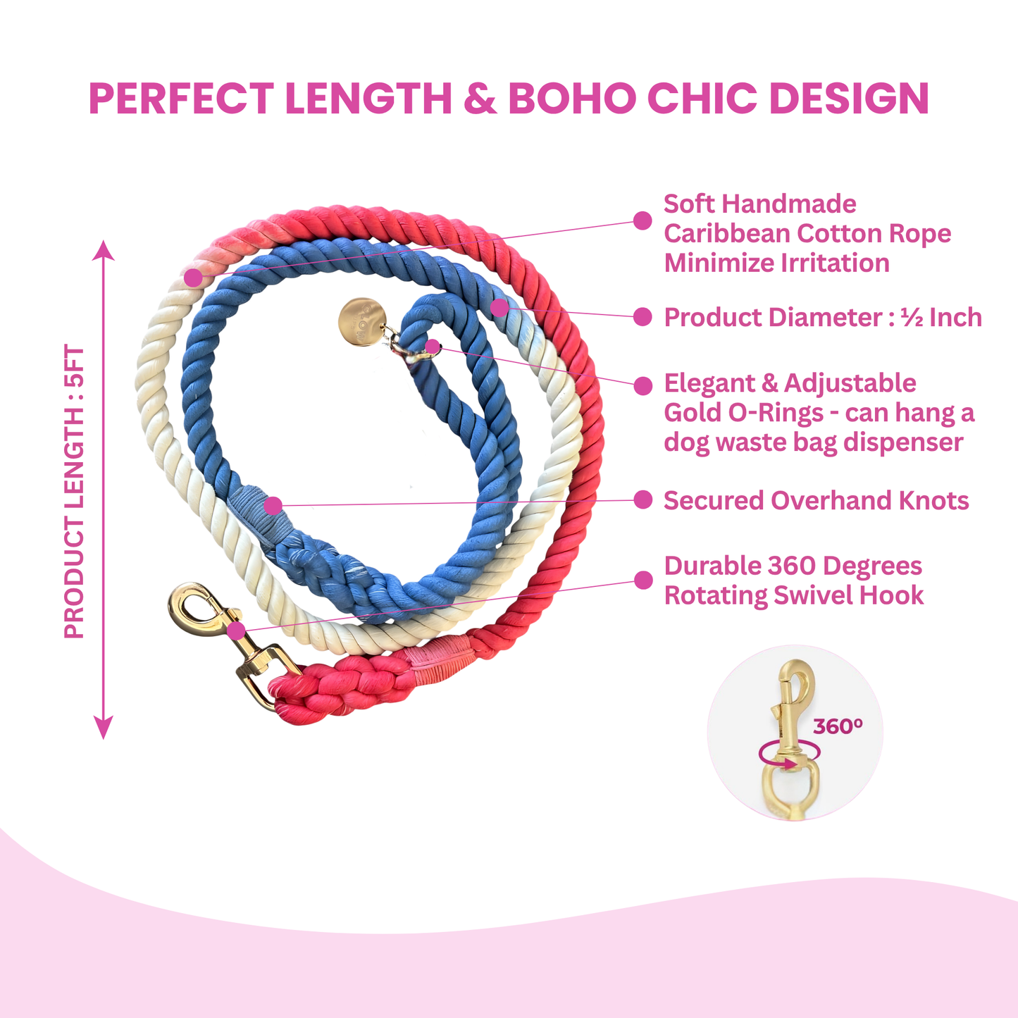 Durable Red White And Blue Rope Dog Leash With Comfortable Handle by Glow Pups