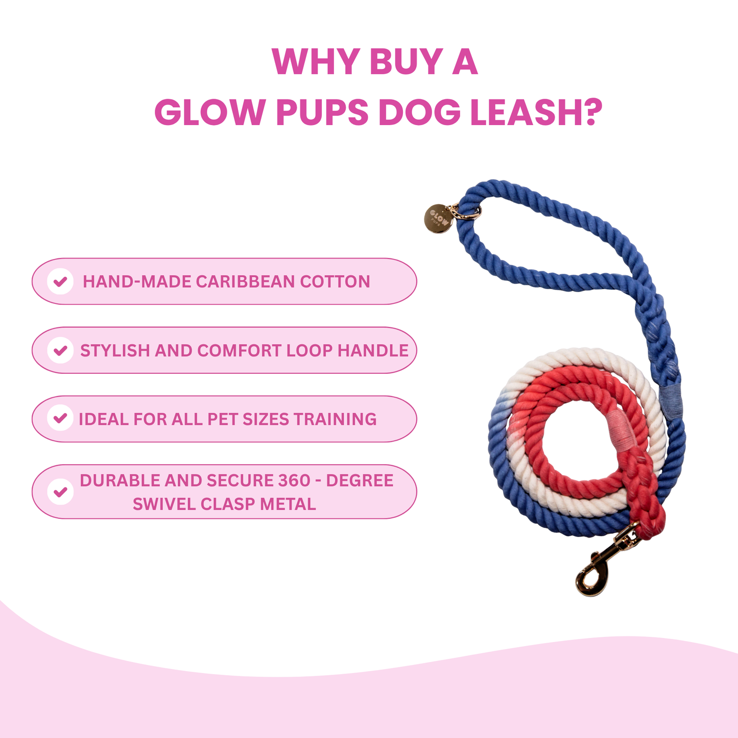 Durable Red White And Blue Rope Dog Leash With Comfortable Handle by Glow Pups