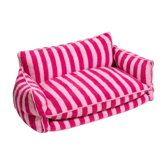 Pretty Pink Striped Sofa Dog Bed for stylish and cozy pet comfort