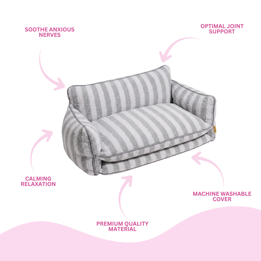 Grey And White Striped Couch Style Dog Bed By Glow Pups Mini Sofa Lounge For Pets by Glow Pups