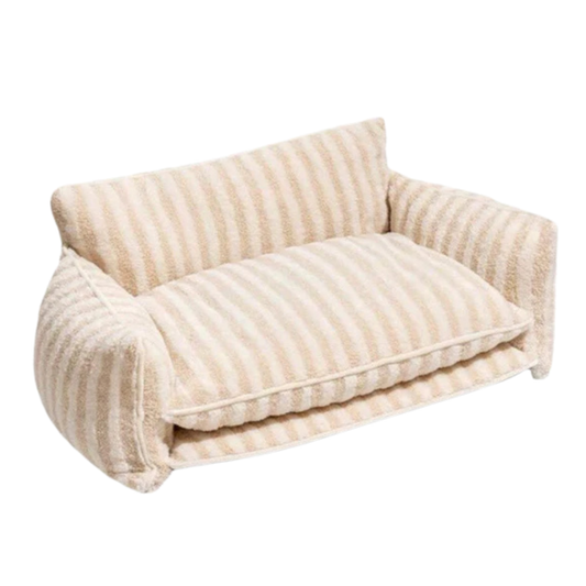 Cozy Beige and Cream striped sofa dog bed for pets and neutral home decor