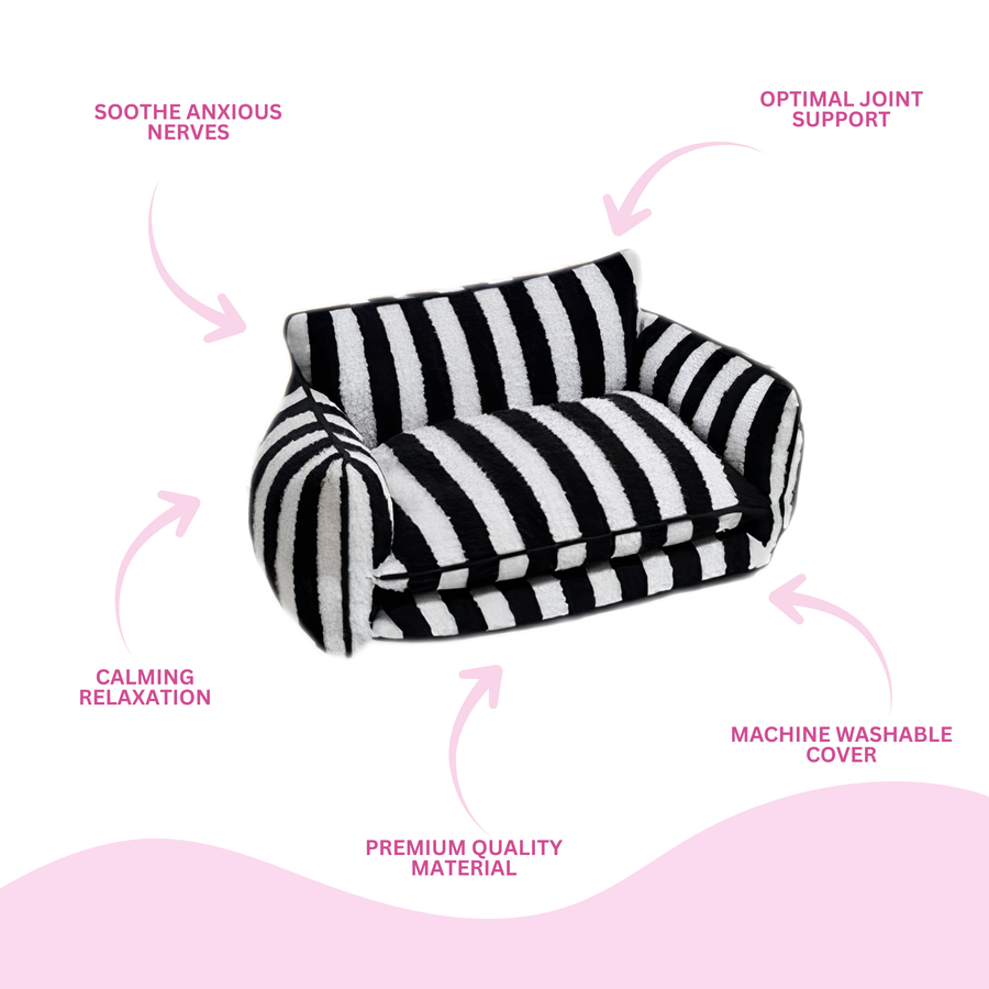 Chic Comfort Black And White Striped Sofa Dog Bed By Glow Pups For Cozy Rest And Easy Lounging by Glow Pups