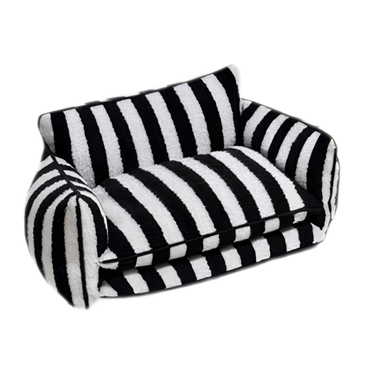 Chic Comfort black and white striped sofa dog bed by Glow Pups for cozy pet lounging