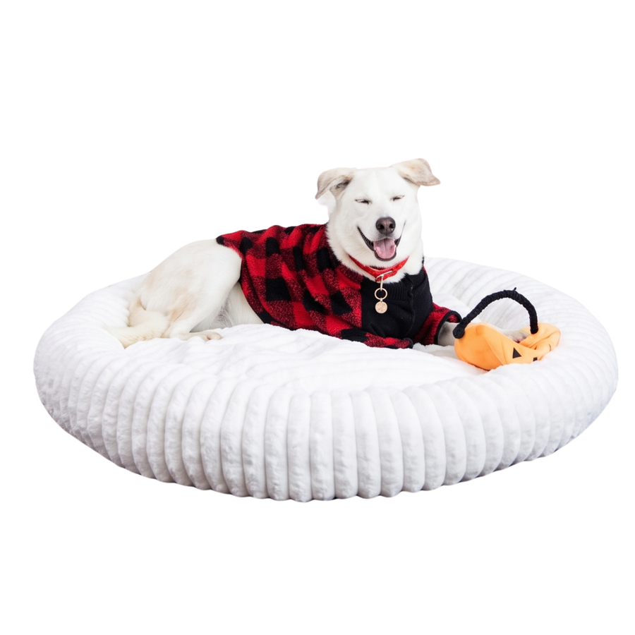 Ultra Soft Round Faux Rabbit Fur Dog Bed For Deep Restful Sleep Comfort, White by Glow Pups