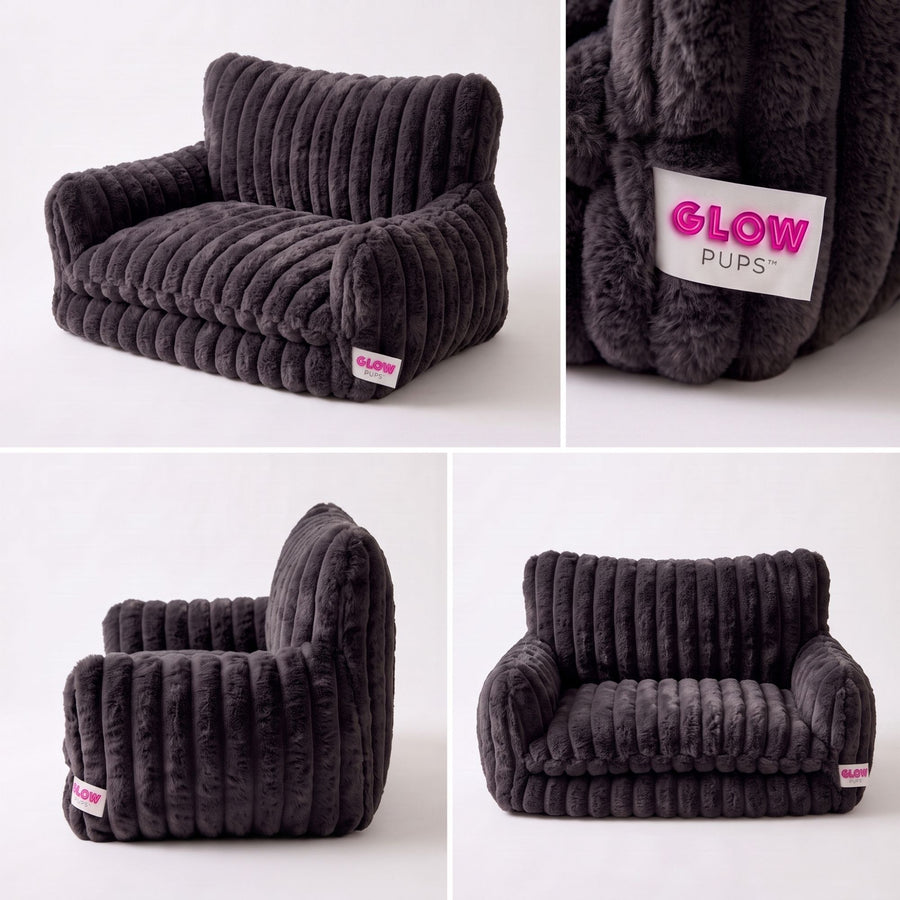 Glow Pups Luxurious Faux Rabbit Fur Sofa Dog Bed, Orthopedic Foam, Non-Slip Base, Dark Grey, Medium by Glow Pups