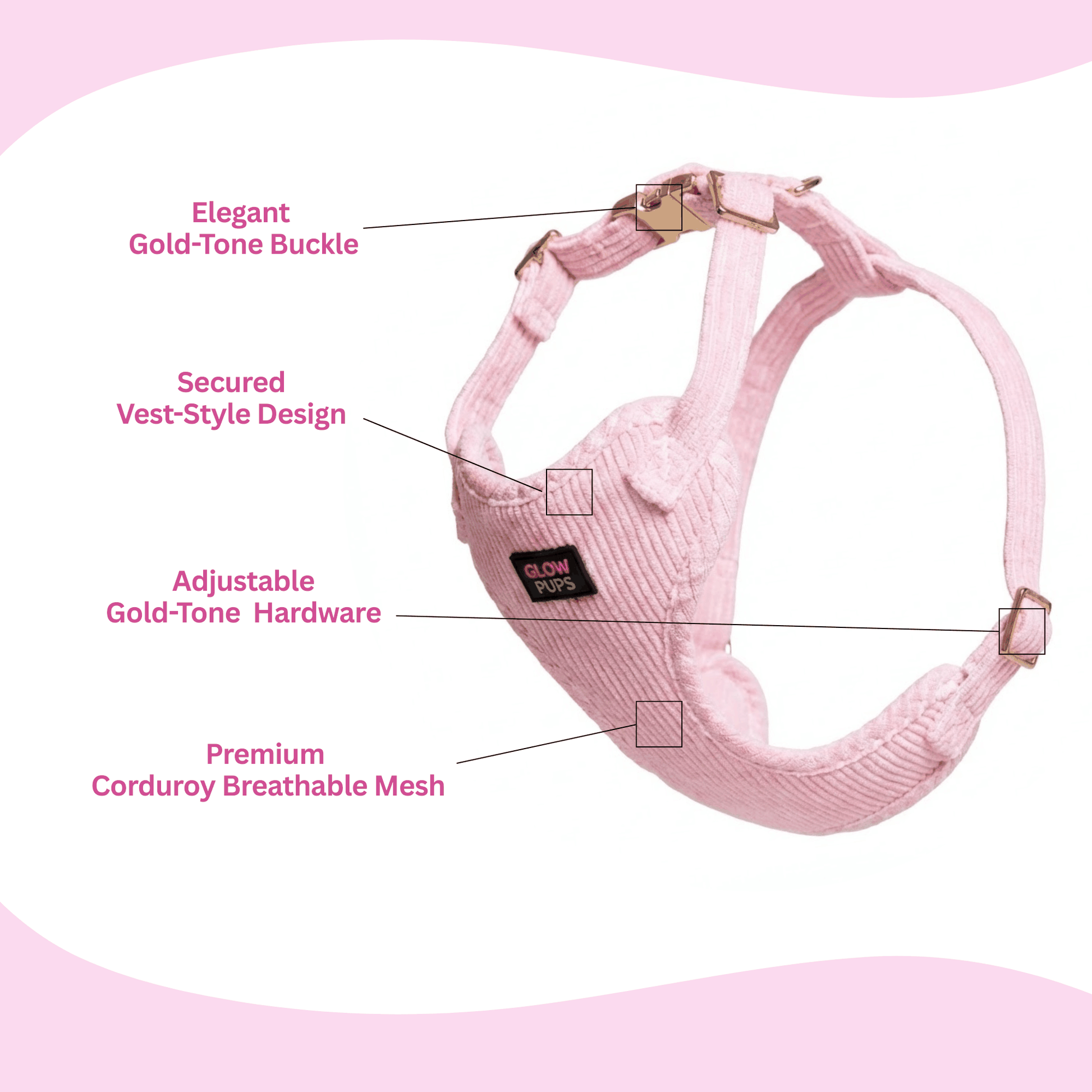 Light Pink Harness with Gold Buckle - Glow Pups