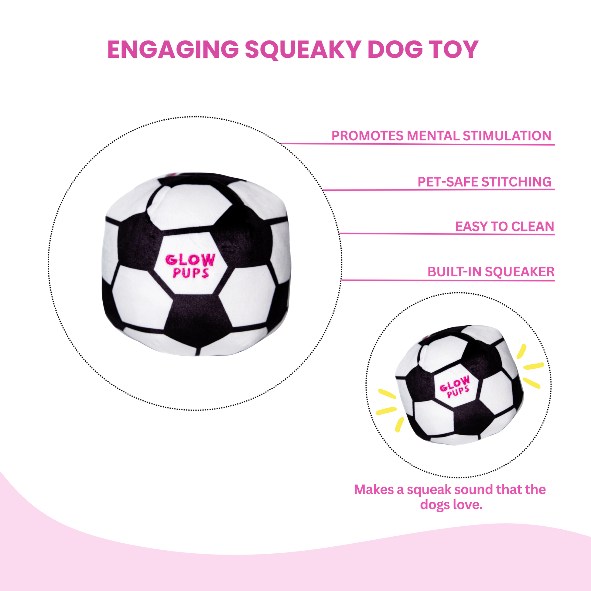 Glow Pups Soccer Ball Dog Toy with Squeaker, Black and White by Glow Pups