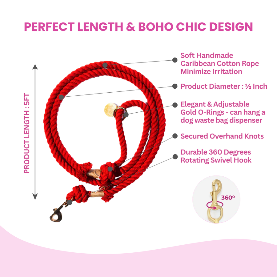 Red Boho Chic Style Dog Leash - Glow Pups by Glow Pups