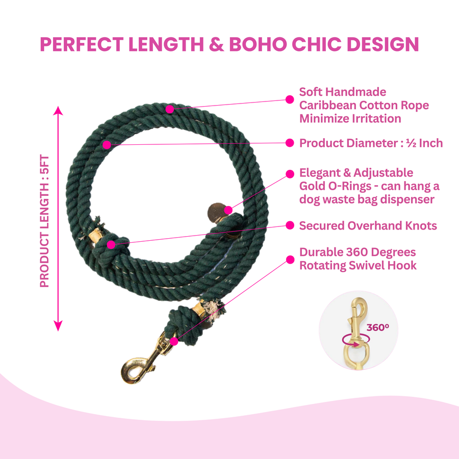 Dark Green Boho Chic Style Dog Leash - Glow Pups by Glow Pups