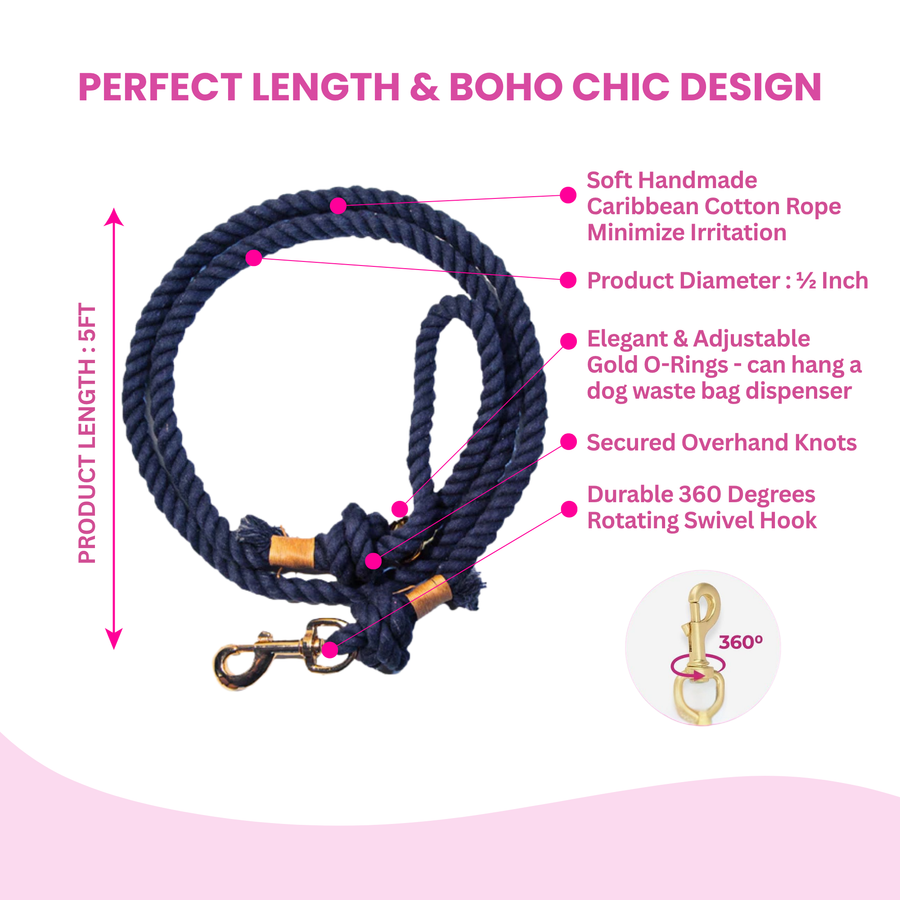 Navy Blue Boho Chic Style Dog Leash - Glow Pups by Glow Pups