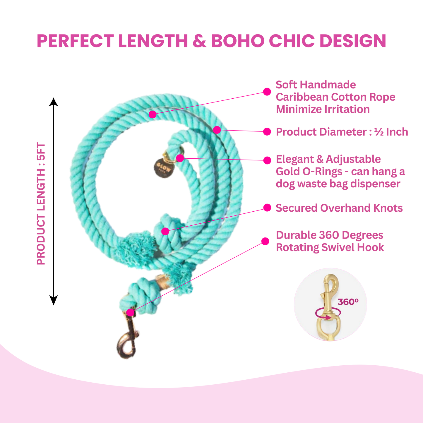 Light Blue Boho Chic Style Dog Leash - Glow Pups