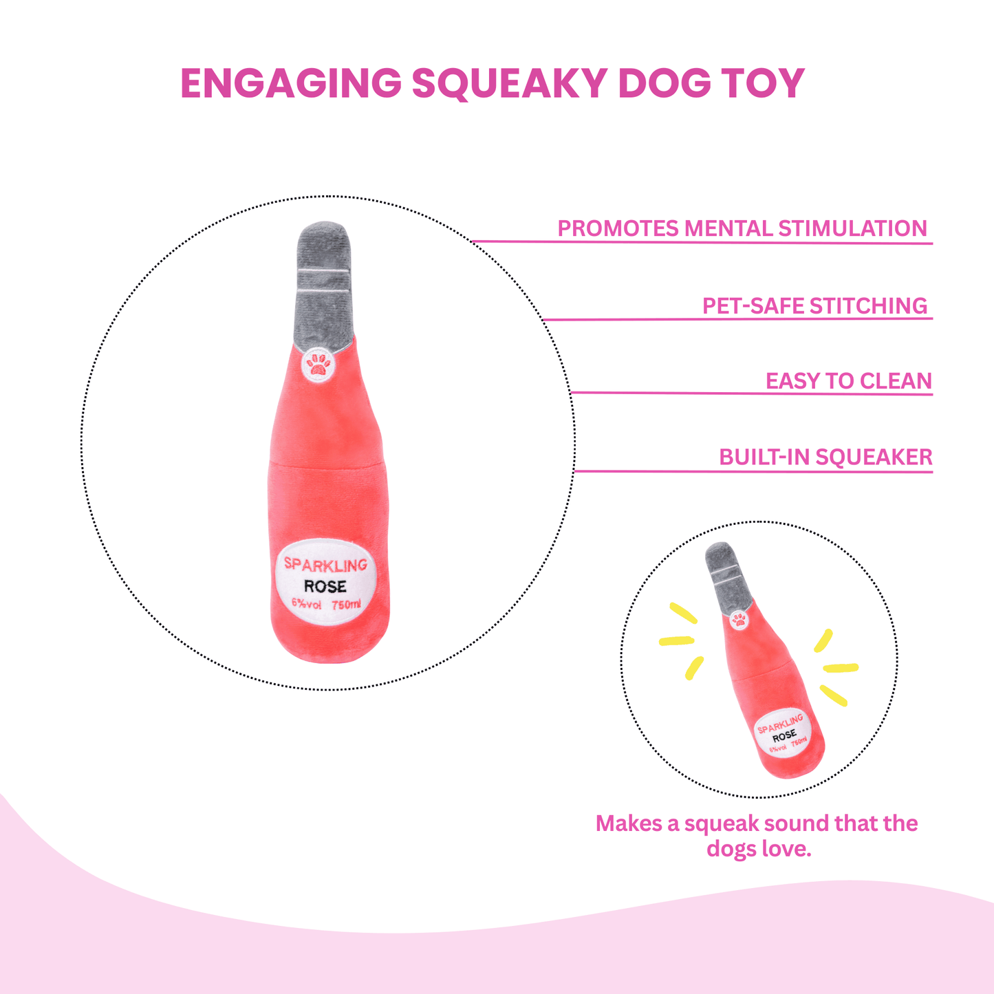Squeaky Sparkling Rose Wine Plush Dog Toy- Glow Pups by Glow Pups