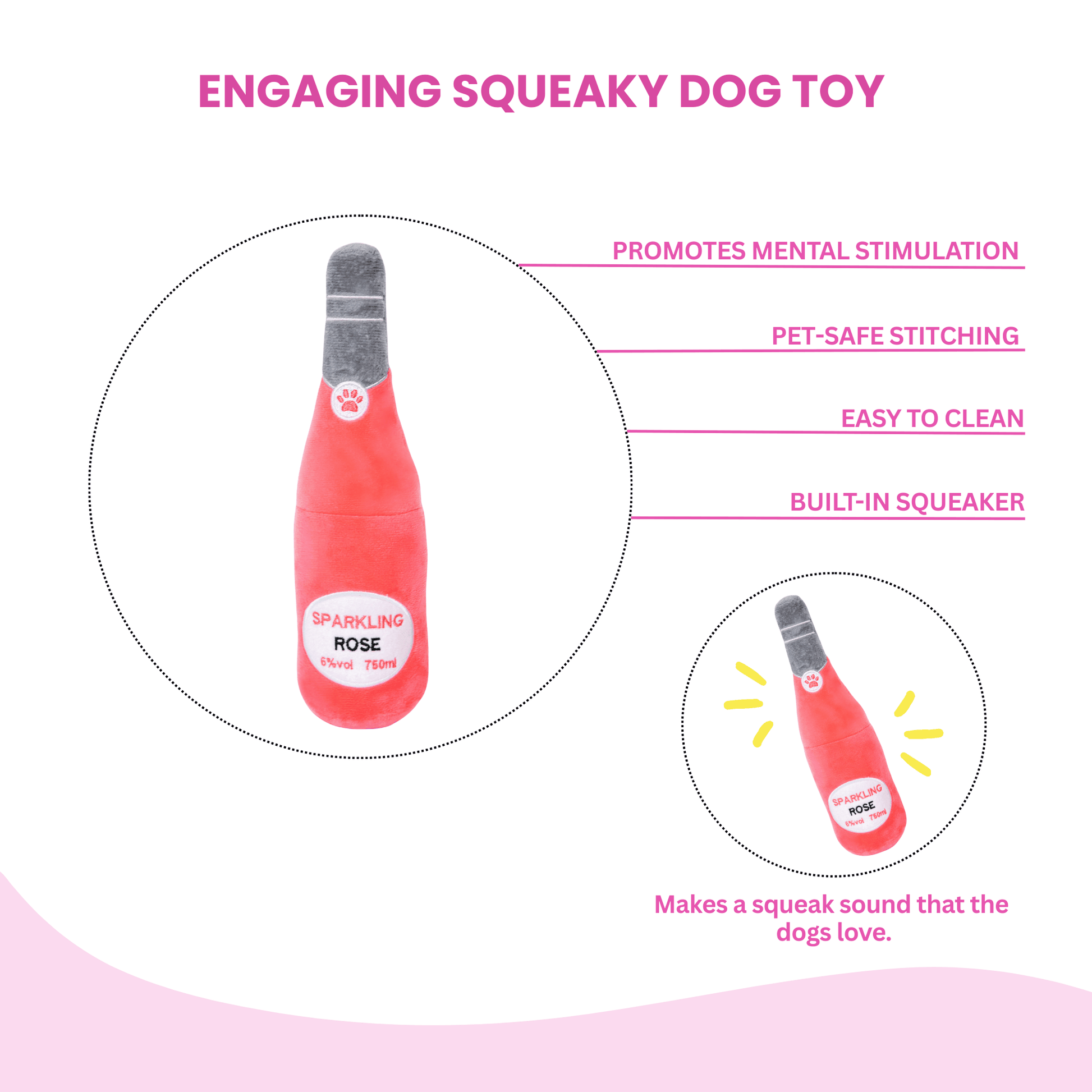 Squeaky Sparkling Rose Wine Plush Dog Toy- Glow Pups by Glow Pups