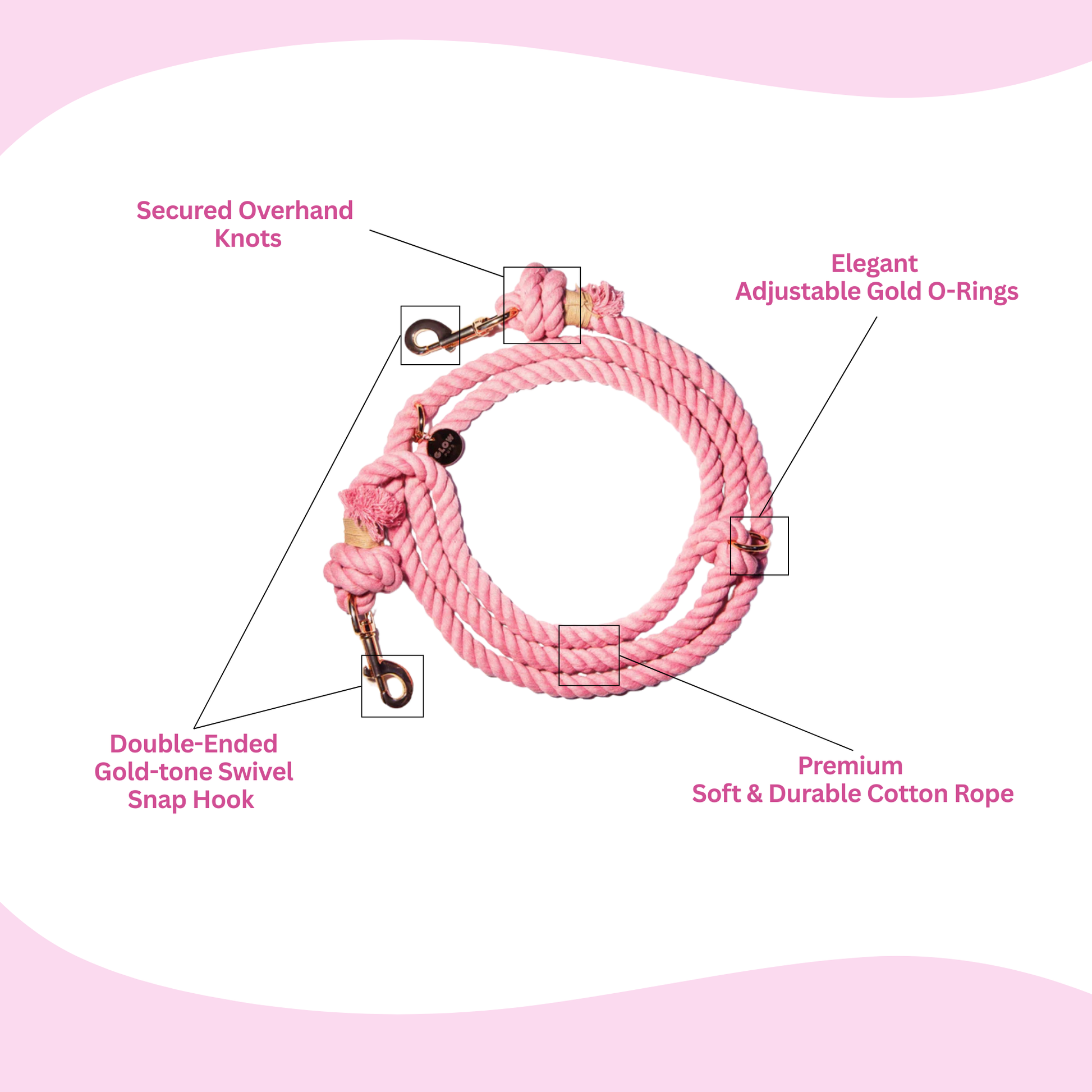 Pink dog leash with features highlighted on a pink background