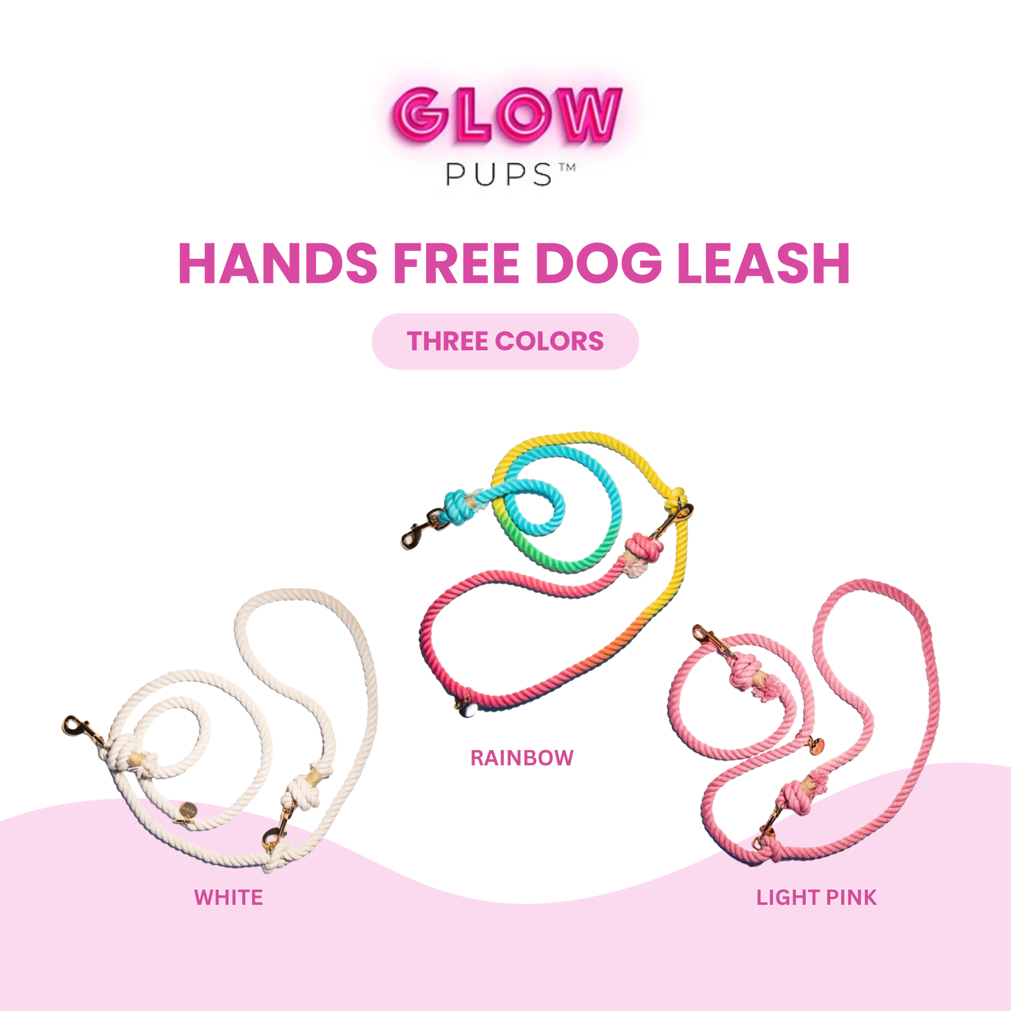 Glow Pups hands-free dog leashes in white, rainbow, and light pink on a white background.