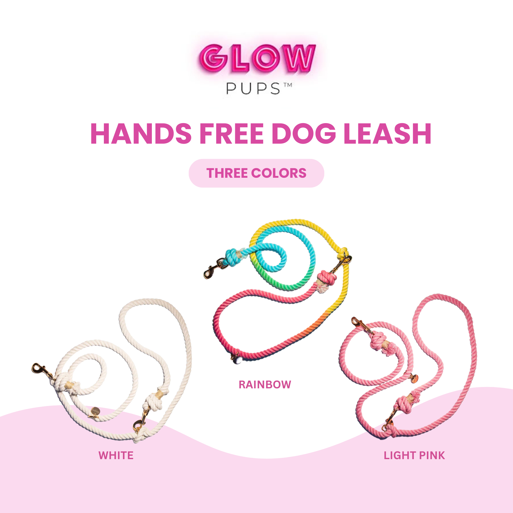 Glow Pups hands-free dog leashes in white, rainbow, and light pink on a white background.